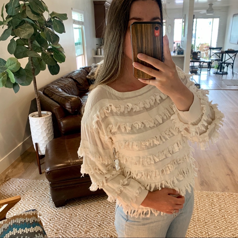 Ulla Johnson Cream Fringe Cotton Pullover Sweater